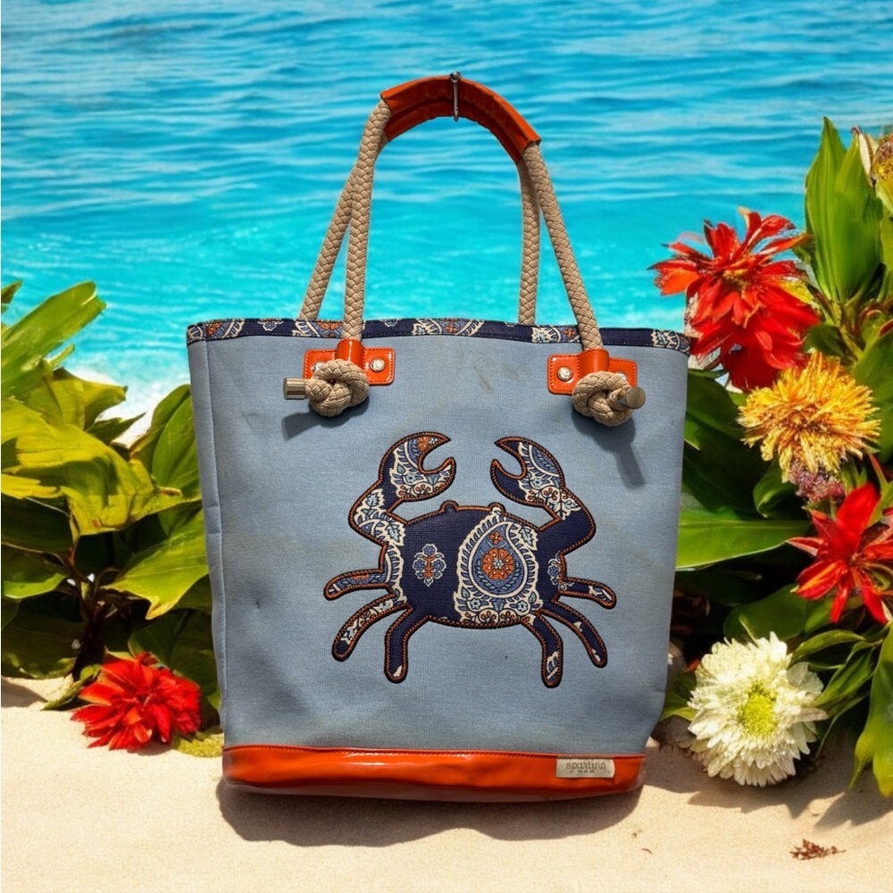 Spartina 449 Blue and Orange beach Tote Bag with Crab Design - Picture 2 of 13